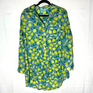 True Destinations Blue Yellow Lemon Print Blouse Tunic Mini Dress M